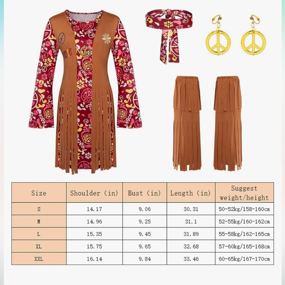 NWT 5pc Hippie Costume Set Dress Disco Peace Necklace Earrings Headband socks - Picture 4 of 6